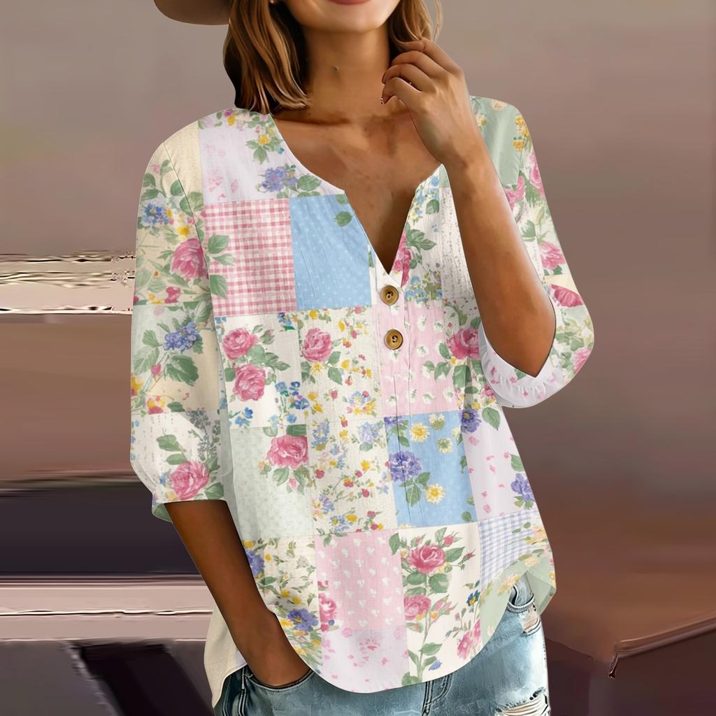 Women’s Cotton Linen Blouse with Patchwork Floral Print Henley Neck Button Front and Three Quarter Sleeves Casual Shirt