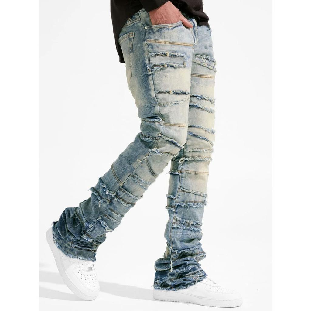 DRIPX New Stacked Jeans Men Patchworks Spliced Denim Ripped Wash Frayed Pants Male's Streetwear Men‘s Tassel Motorcycle Jeans