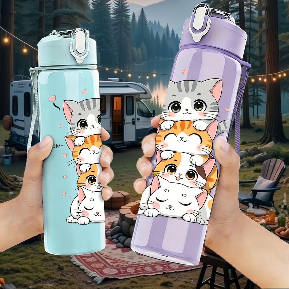 1PC Stacked Cute Kitten Cat Print 750ml Color Plastic Sports Water Bottle Leakproof Flip Straw Lid Suitable for Sports Office Home Use
