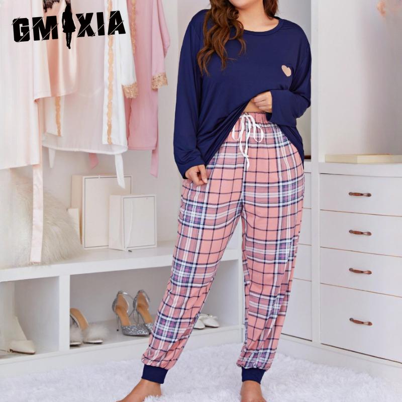 GMXIA Women's Pajamas Printed Large Size Long Sleeve Two Piece Homewear Set