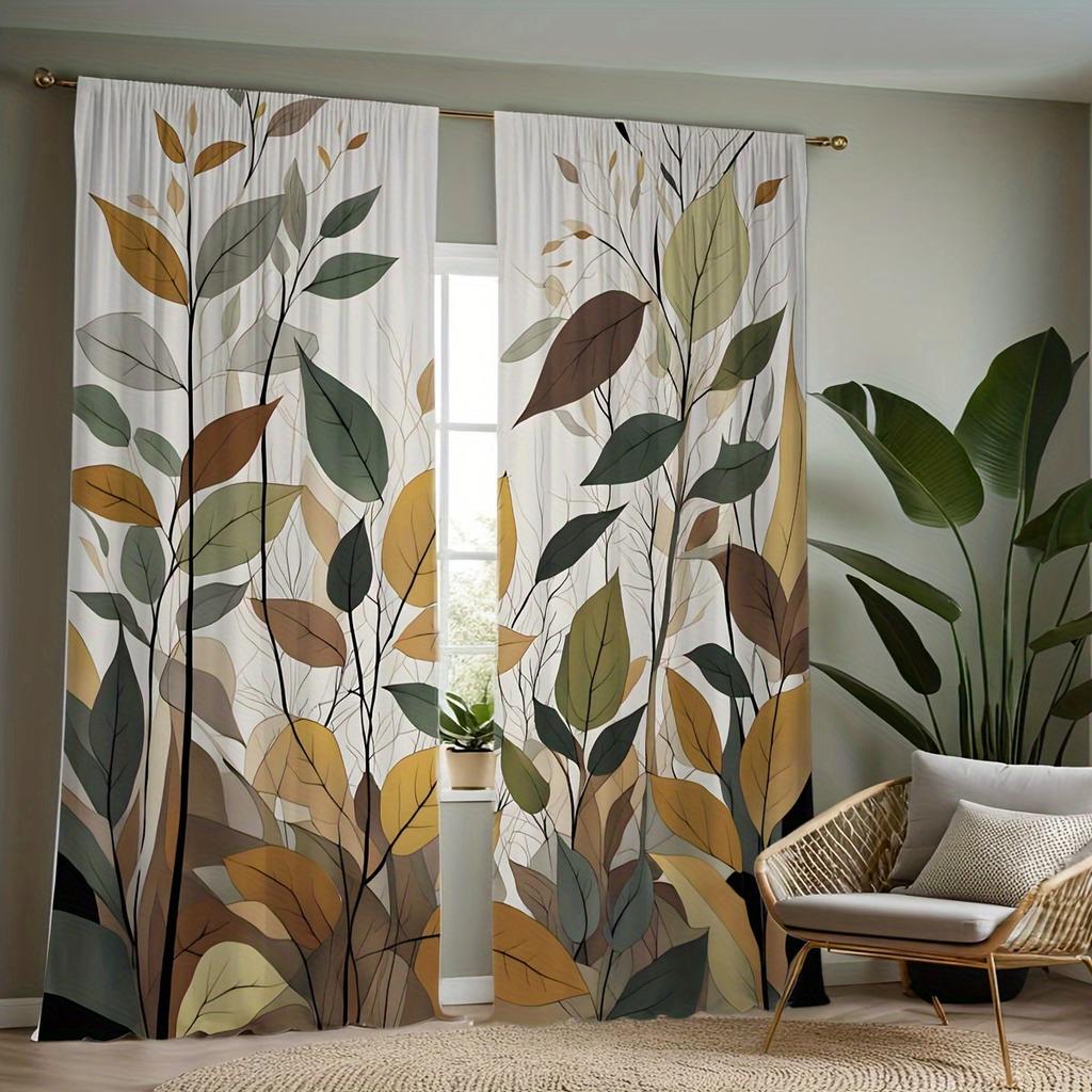 2pcs of HD Small Fresh Leaves Decorative Curtain Yellow Digital Printed Curtain Home Decoration Style Decoration Living Room Bed