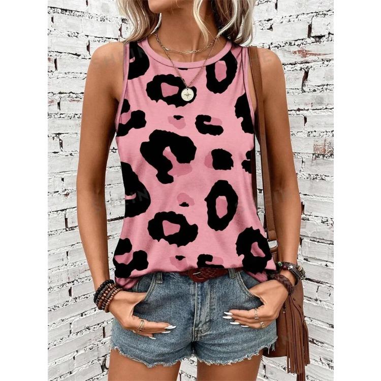 Summer Round Neck Leopard Print Pattern 3D Printed Top Fashionable Casual Sleeveless Women's Tank Tops