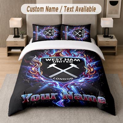 Custom Bedding Set West Ham United FC Pattern, Print Name Text 1 Duvet Cover Plus 2 Pillowcases Home Textile
