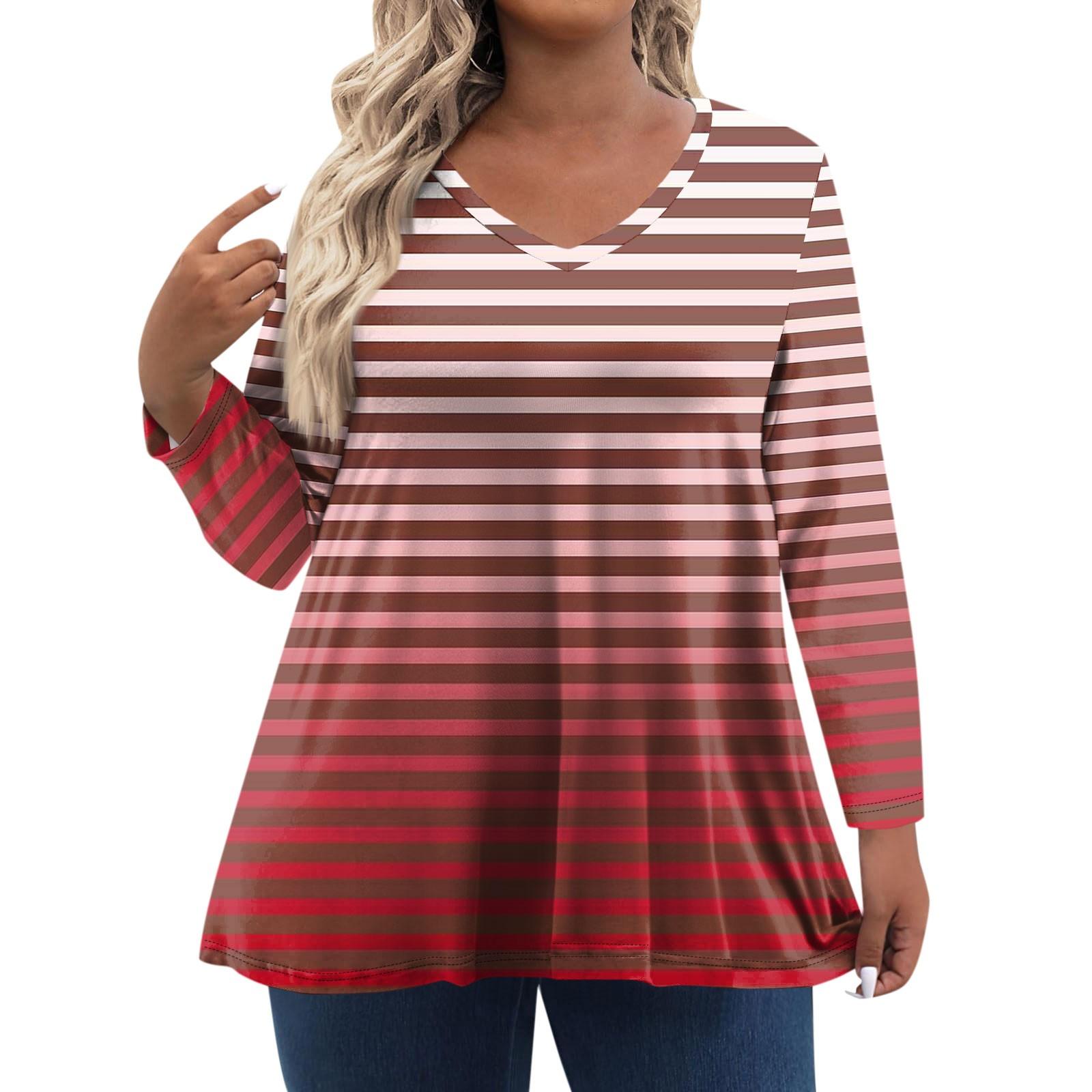 

Women s T-shirt Striped Splicing Printed V-Neck Loose Long Sleeve Large Size Tops XL червоний