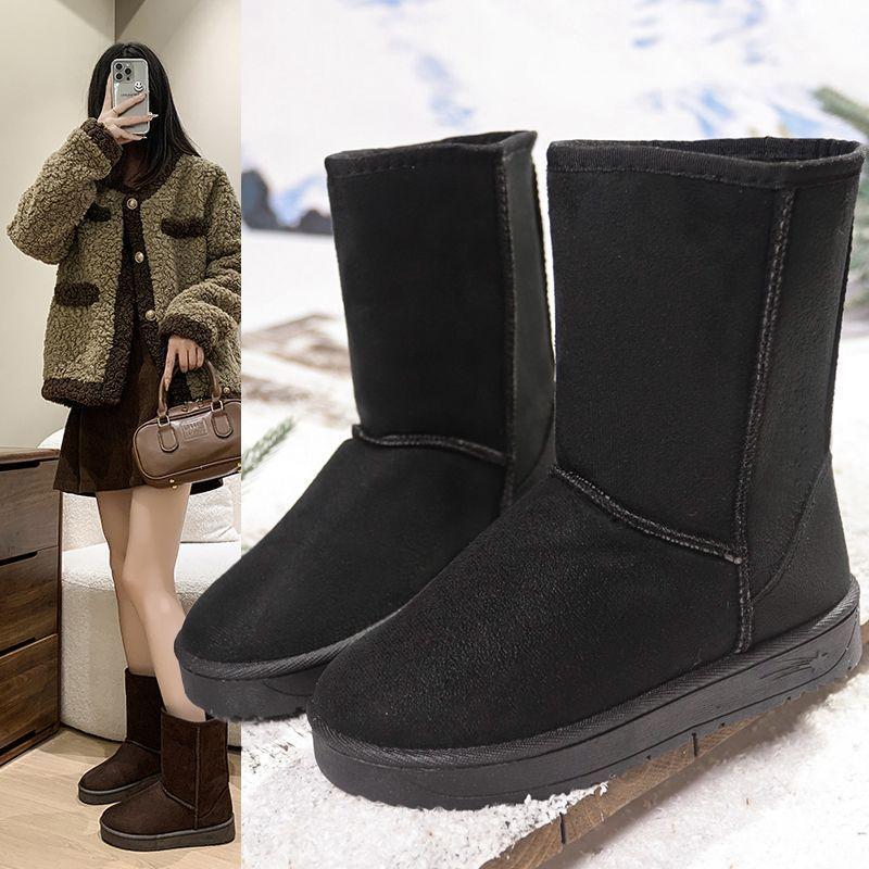 Thick-soled snow boots fur integrated medium boots 2025 winter velvet short boots one pedal non-slip warm cotton shoes