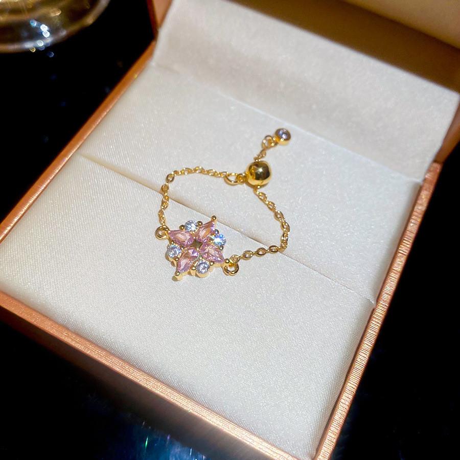 Gold Pink Floral Adjustable Ring With Cubic Zirconia For Women