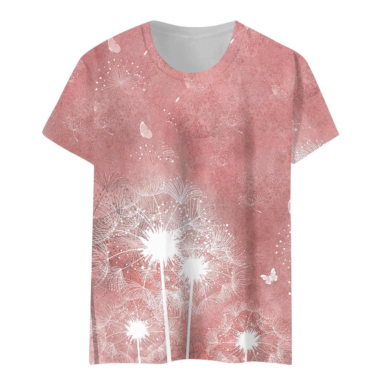 

Женская мода, повседневная темпераментная свободная футболка с круглым вырезом и коротким рукавом с принтом, топ розовый