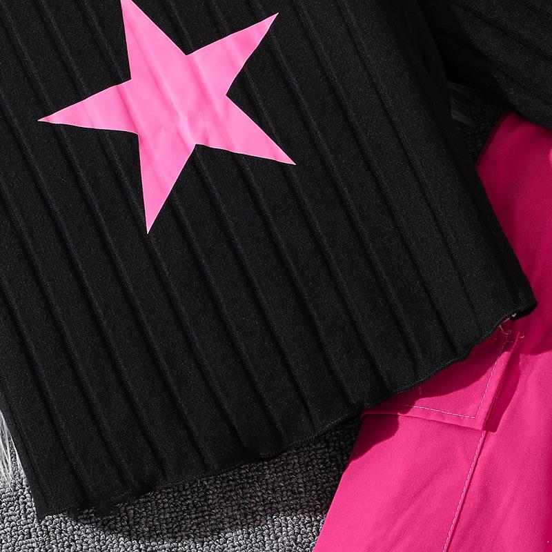 Spring Autumn Children Casual Clothing Outfits for Girls Black Pullover Hoodie and Rose Red Pants Sports Loose Comfortable Style Daily Suits