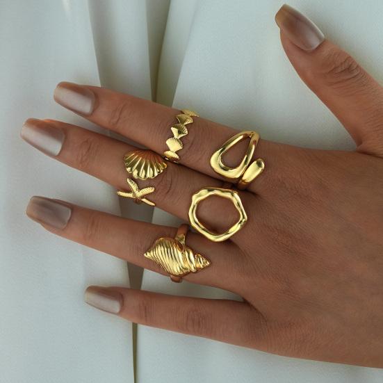 5Pcs Ocean Beach Ring Men Women Golden Starfish Shell Sea Snail Finger Ring Adjustable Opening Alloy Coastal Ring Fashion Jewelry