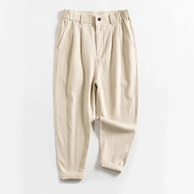 Pantalons Décontractés en Coton et Lin Printemps Été Hommes Couleur Unie Amples Droits Longueur Mollet Style Plage Respirants pour Hommes