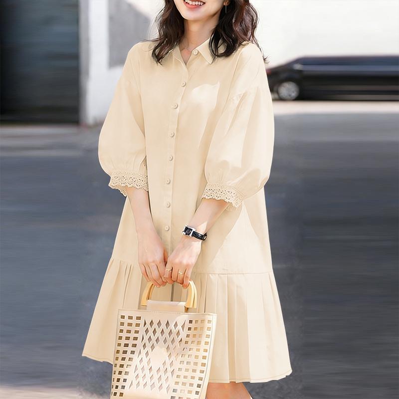 ZANZEA Women Turn Down Collar Lace Splice 3/4 Sleeve Casual Shirt Dress S абрикосовый