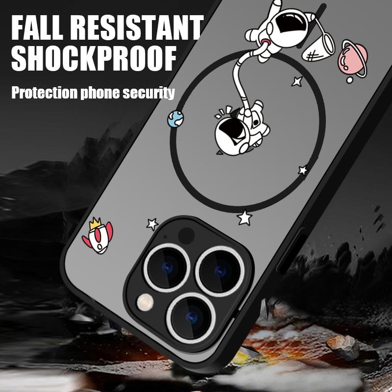 Magnetic Matte Phone Case For iPhone 16 15 Pro 14 13 Pro Max 16e 14 For Magsafe Cartoon Astronaut Pattern Hard Back Cover Fundas