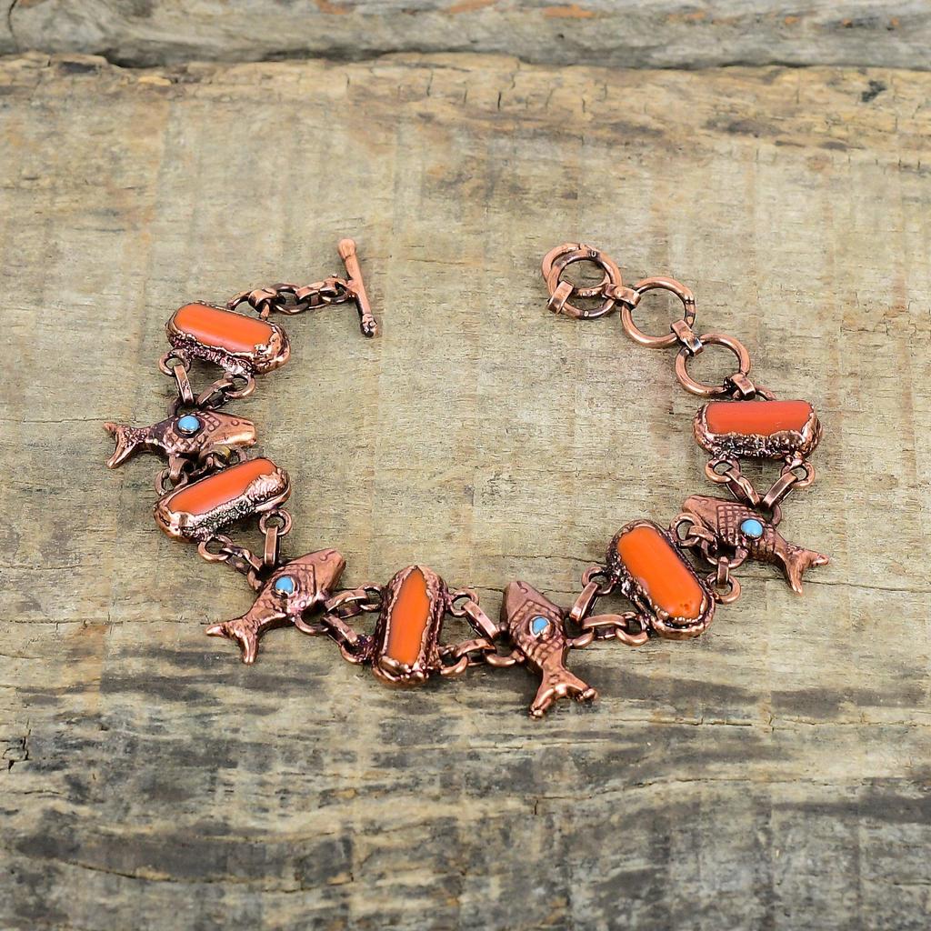 Brățară cu Piatră Prețioasă Coral Roșu Brățară din Cupru Electroformat Brățară Handmade cu Turcoaz Brățară cu Lanț Ajustabil Bijuterii cu Design Pește Pentru Cadou