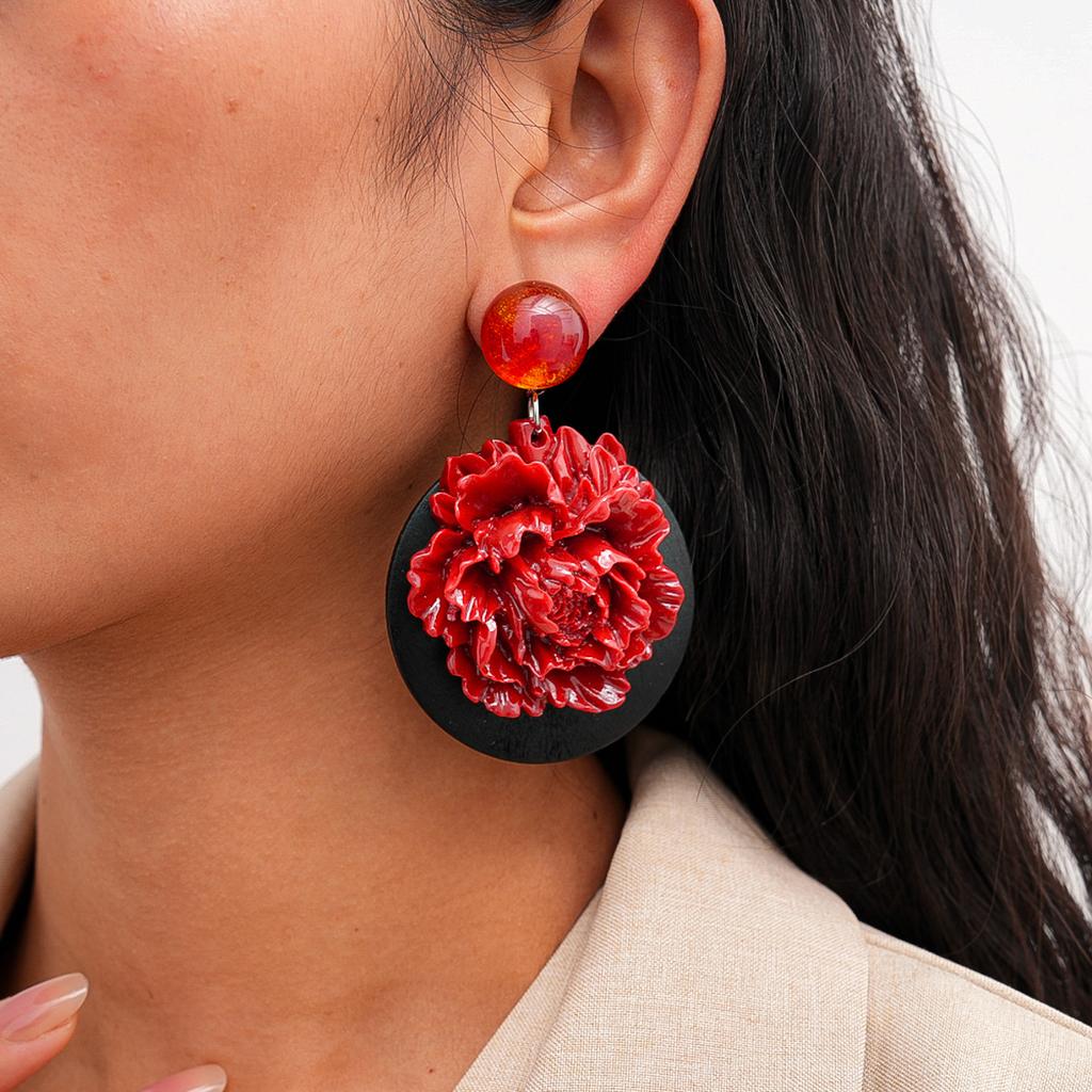 Wood Resin Flower Round Silver Needle Earrings Vintage Stud Earrings