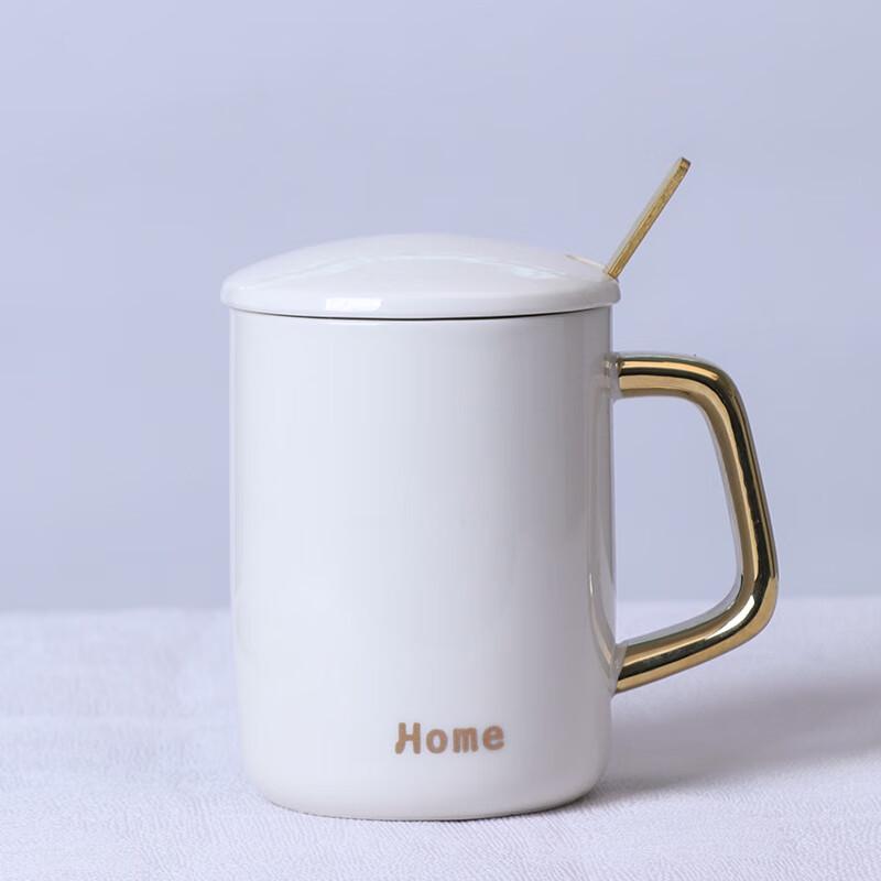 Elegant White Ceramic Coffee Mug with Gold Handle, Lid & Spoon