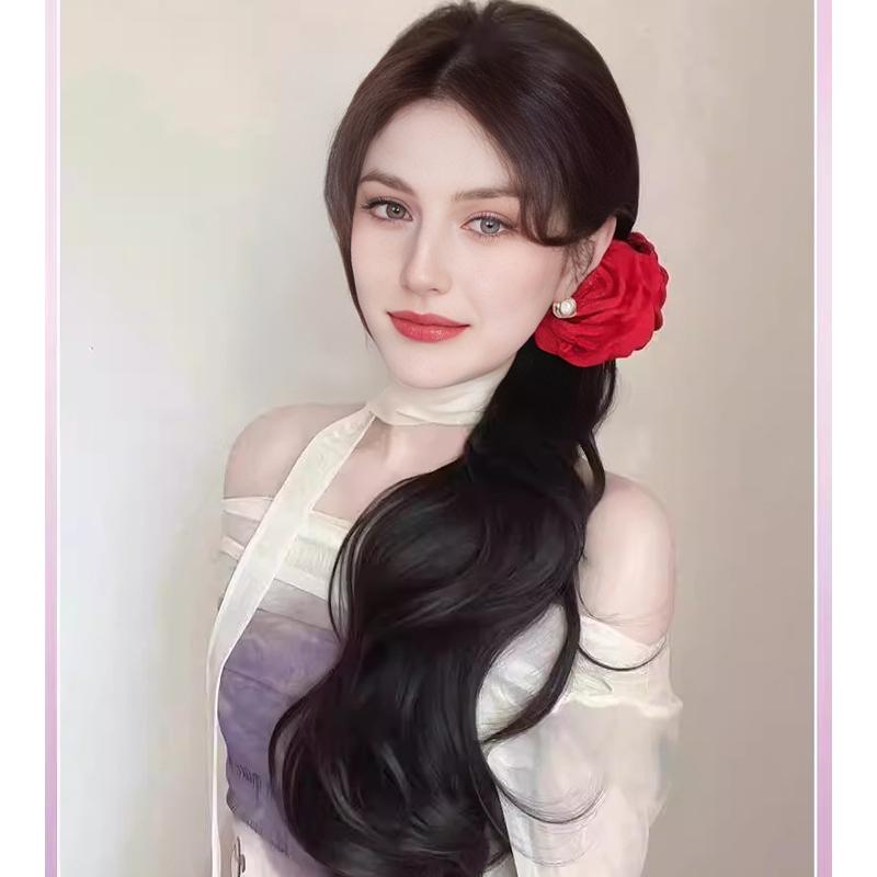 A Ponytail Wig with a Red Rose Grip and a Curled Side The Ponytail Is Naturally Sweet and Invisible Wig Braid