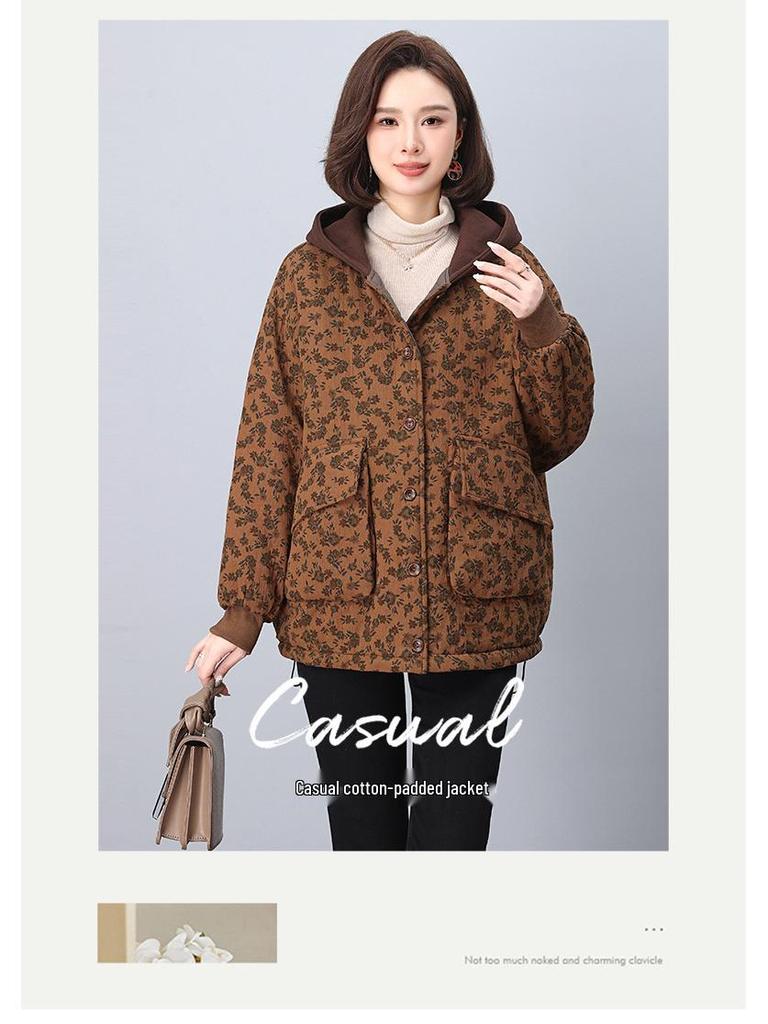 2024 Women's Retro Print Cotton Jacket - Winter Style, Plus Size, Loose Fit, for Middle-Aged and Elderly Moms