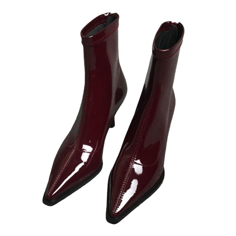 Spitze kurze Stiefel für Herbst Winter hohe Absätze elastisches Lackleder Mode vielseitig dünner Absatz Stiefeletten dünne Stiefel