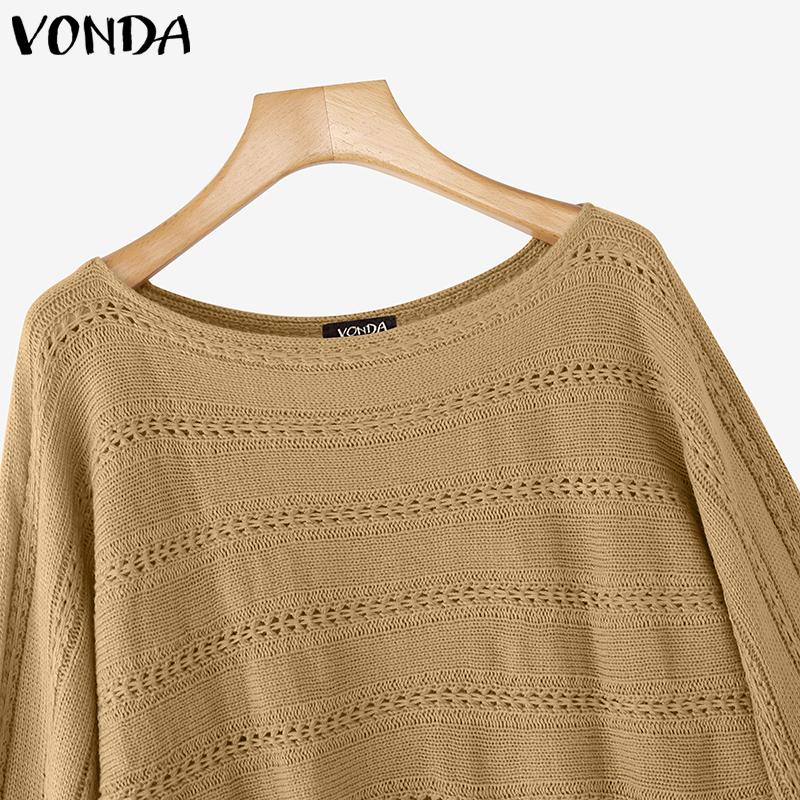 VONDA Autumn Winter Women Scoop Neck Long Sleeve Knitted Hollow Sweater Jumper Tops
