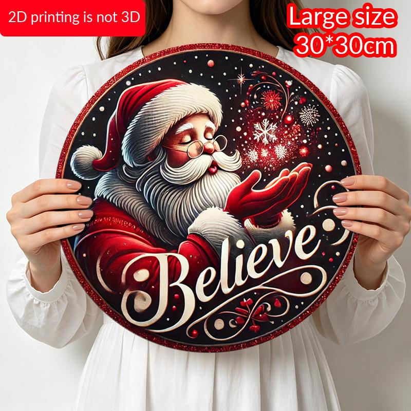 2D Flat, 1pc Round Aluminum Hanging Sign, Dark Snowy Background Classic Santa Claus Snowflake Believe Cursive Print, Farmhouse Front Porch Patio Yard