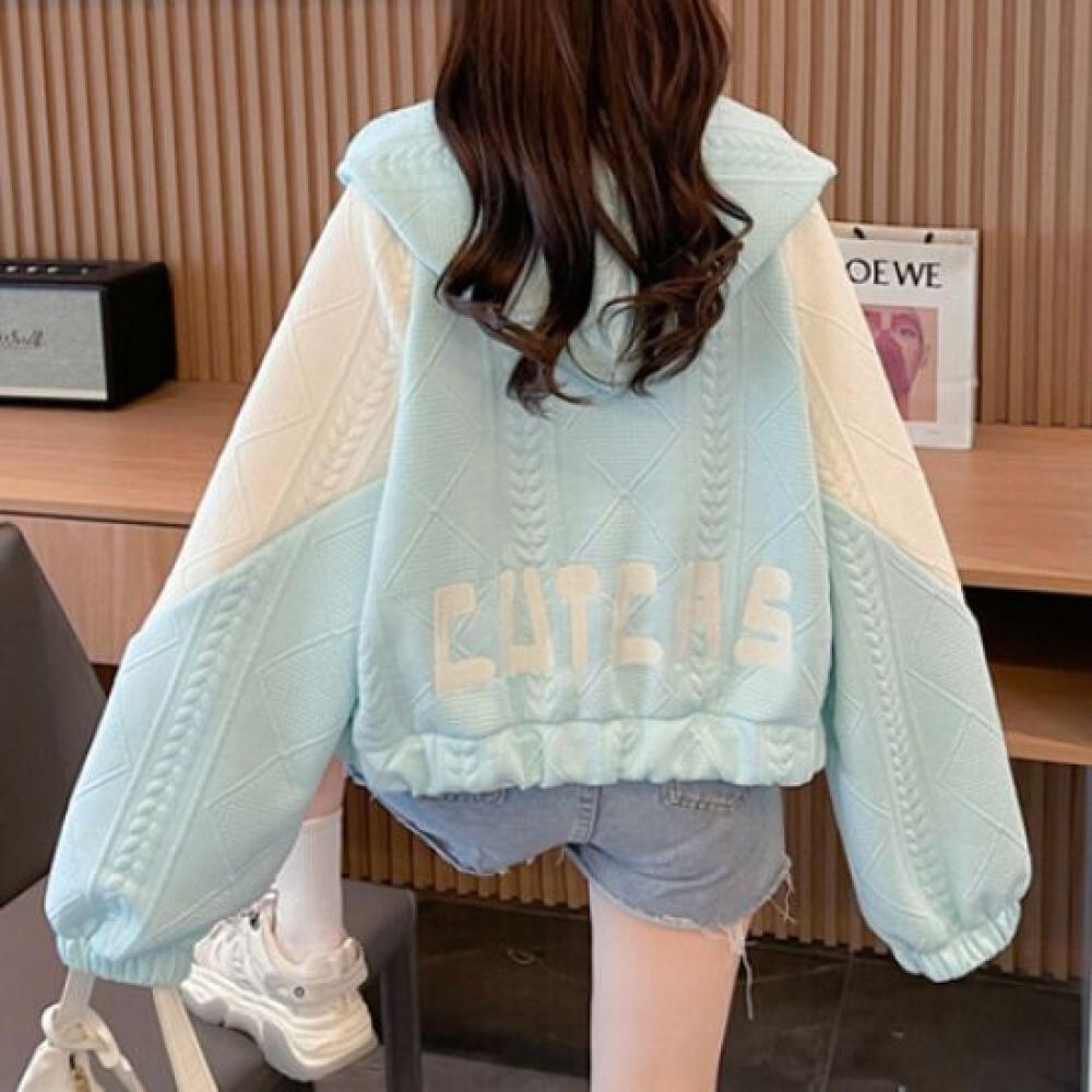 Navava Nc158 Cable Knit Color Block Crop Long Sleeve Hooded Zip Up