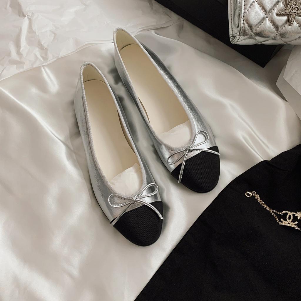 Cowhide version~ Xiaoxiangfeng bow color matching light mouth single shoes women's 2025 new flat bottom round head grandma shoes ladyshoes