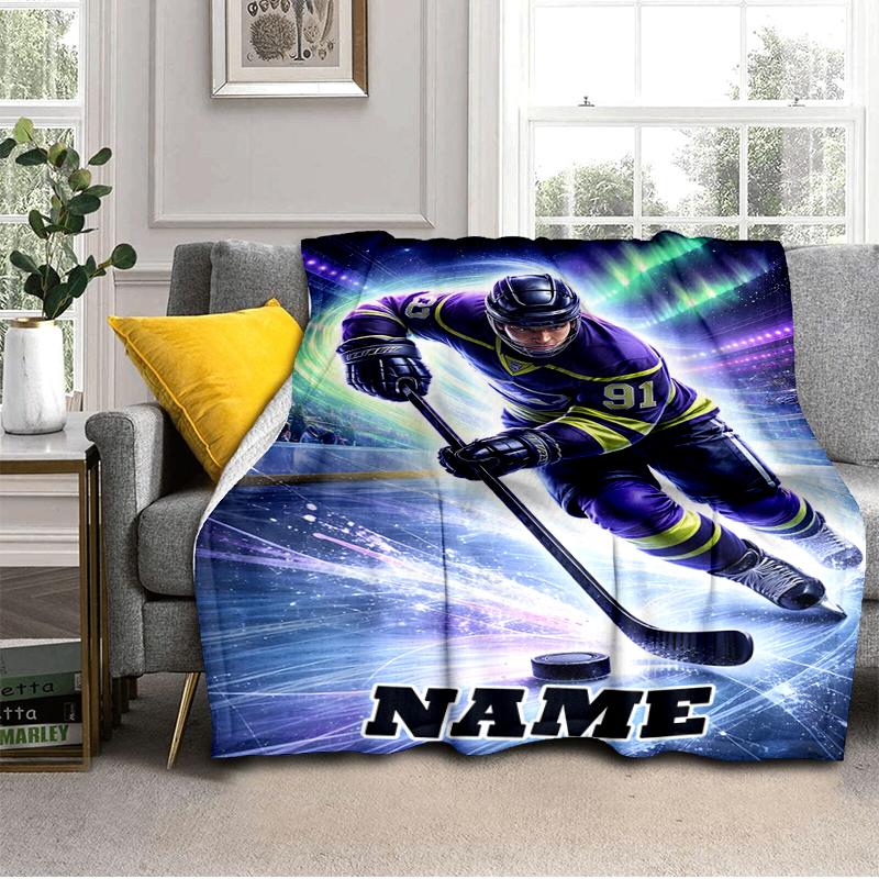 1PC Custom Name Ice Hockey Player Action outdooor Flannel blankets Throw Blanket All-Season Throw Gift Bedspread for Couch, Bed, Camping Holiday Birth