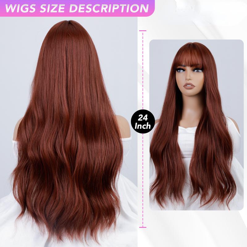 Red Brown Curly Wave Wigs Air Bangs 24 Inch  Fiber Synthetic Heat-resistant Deep Wave Hair Natural Party or Selfie Korean Fashion