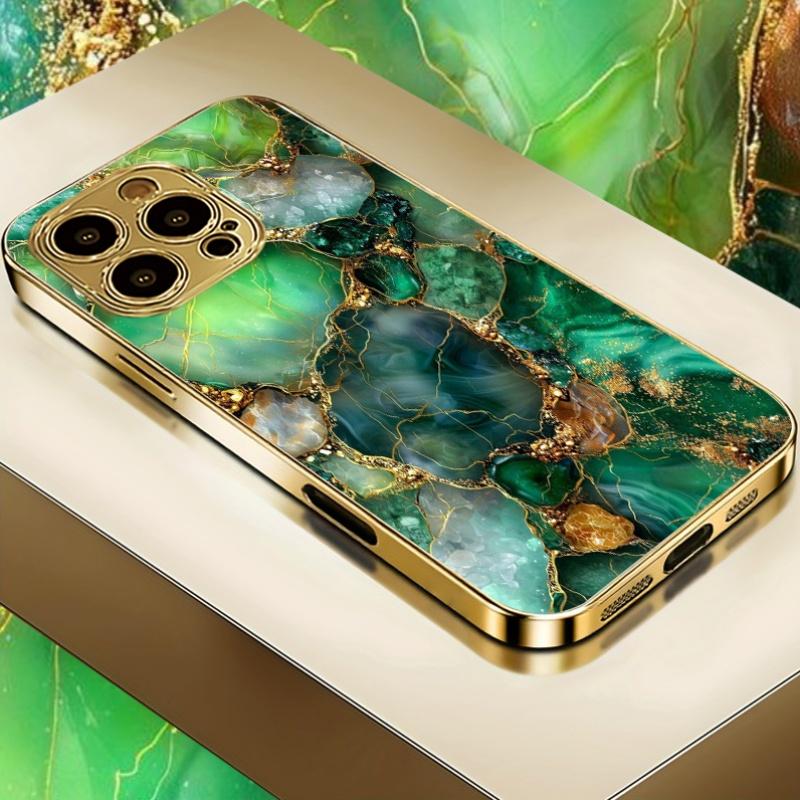 Green and gold rock patterned tempered glass phone case suitable for iPhone 17 16 15 14 13 12 11 Pro/Max/Plus shockproof