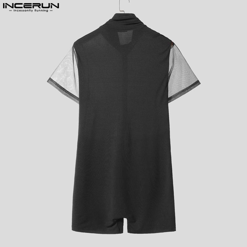 INCERUN Men Short Sleeve Mesh Sheer Patchwork Fitted Jumpsuits Pajamas Underwear
