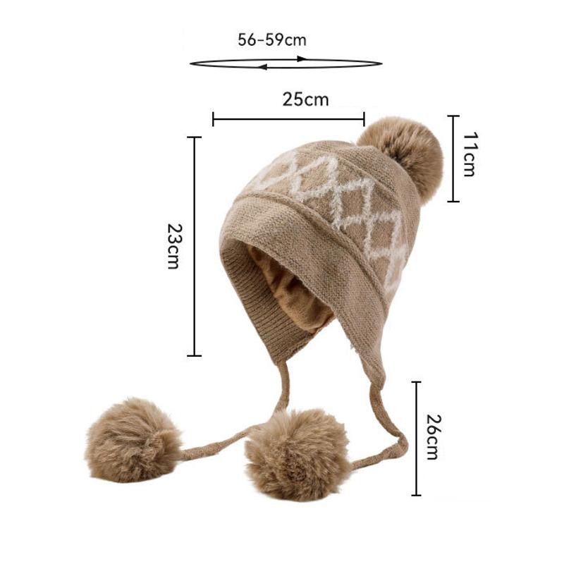 Winter Knitted Hat Big Head Cashmere Three Hair Ball Ear Protection Wool Hat for Women