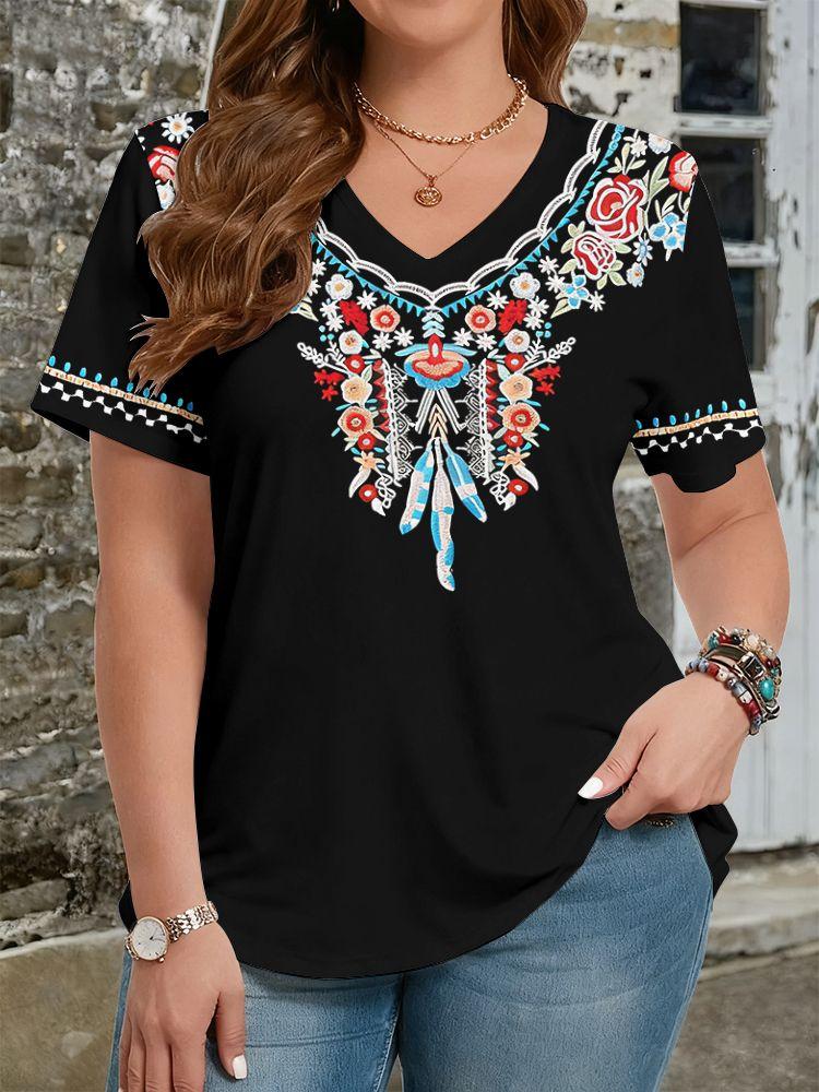 Ethnische Stil Blumen T-Shirts 3D Druck Sommer Damen V-Ausschnitt Kurzarm T-Shirt Y2k Harajuku Tees Lässige Oberteile Damenbekleidung