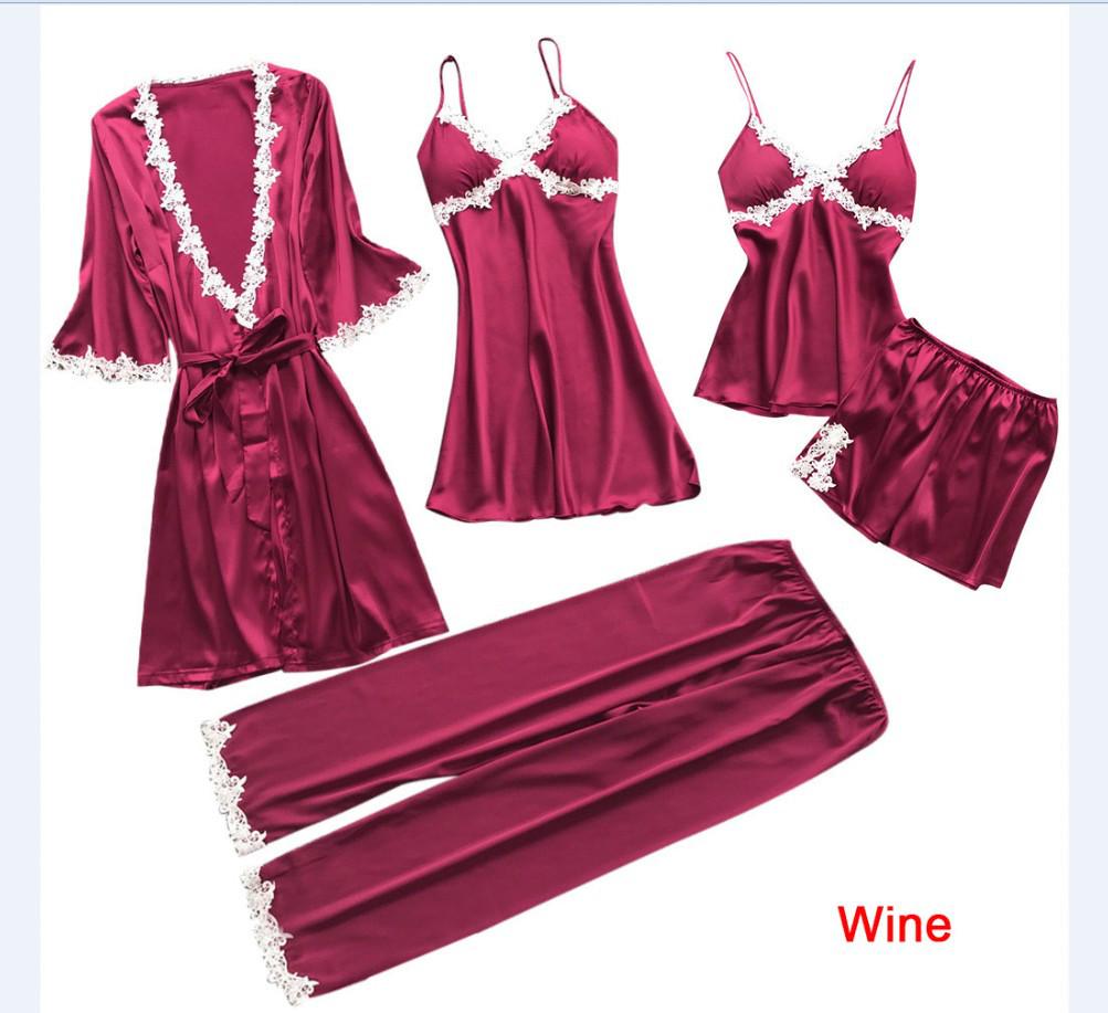 

Женский сексуальный пижамный комплект из пяти предметов - Летний свадебный халат со средним рукавом, Домашняя одежда большого размера, Банный халат Small