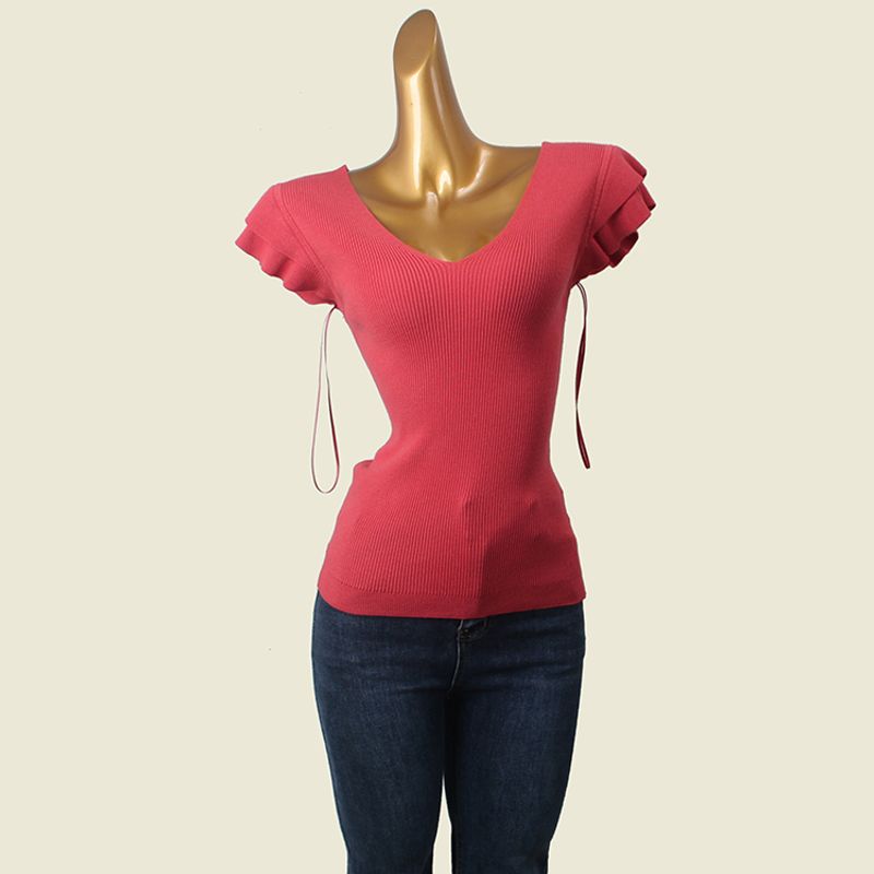 Mint Green V Neck Thread Fitted Knitwear Summer Flying Sleeves Slim Looking Pure Color Undershirt