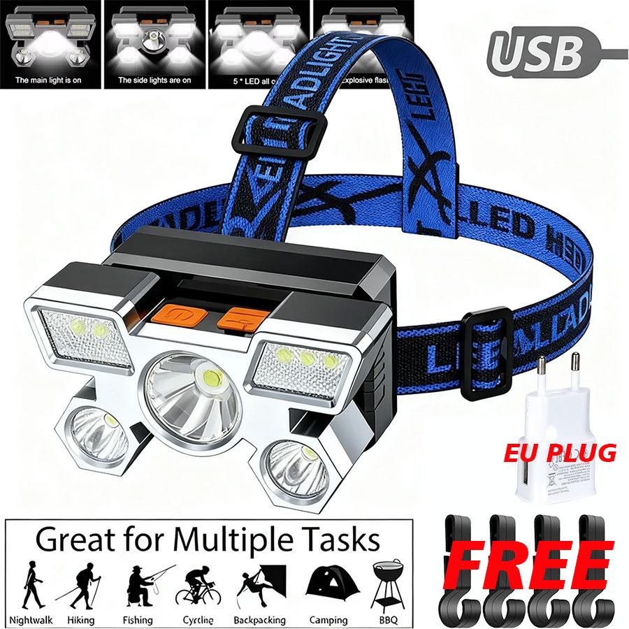 Powerful USB Rechargeable Head Flashlight for Fishing Led Headlamp 5LED Camping Headlights Hunting Torch Hiking Front Lanterns