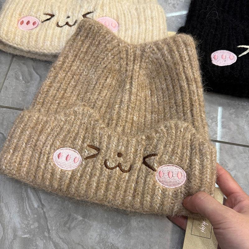 Cute cat ears embroidered wool hat female autumn and winter warm big head circumference showing small face cold-proof knitted hat cold hat