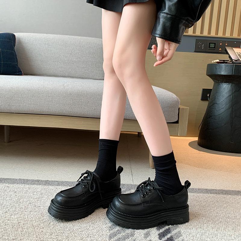  Fat mm platform small leather shoes women's new retro laceup college style large size women's shoes