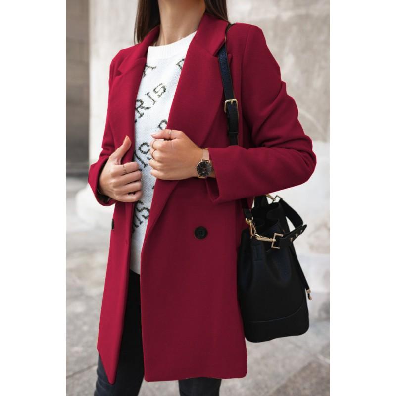 Womens Solid Color Long Sleeve Double-Breasted Wool Blend Coat With Notched Lapel Slim Fit Mid-Length Winter Outerwear
