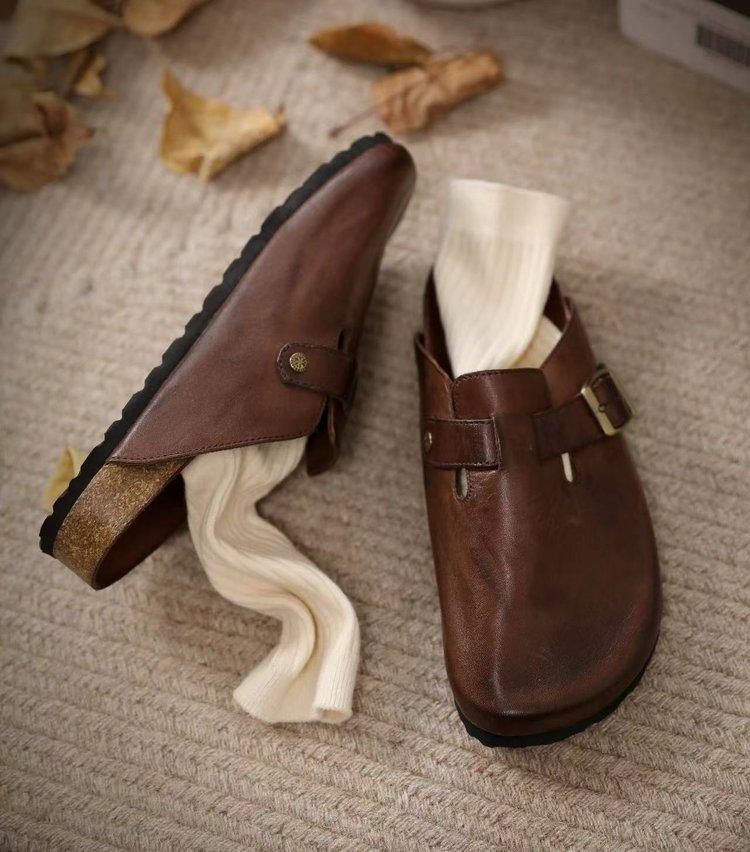 

Ziyan~ Retro washed cork platform Boken shoes spring 2024 new half-drag bag head slippers women s wear 40 коричневый