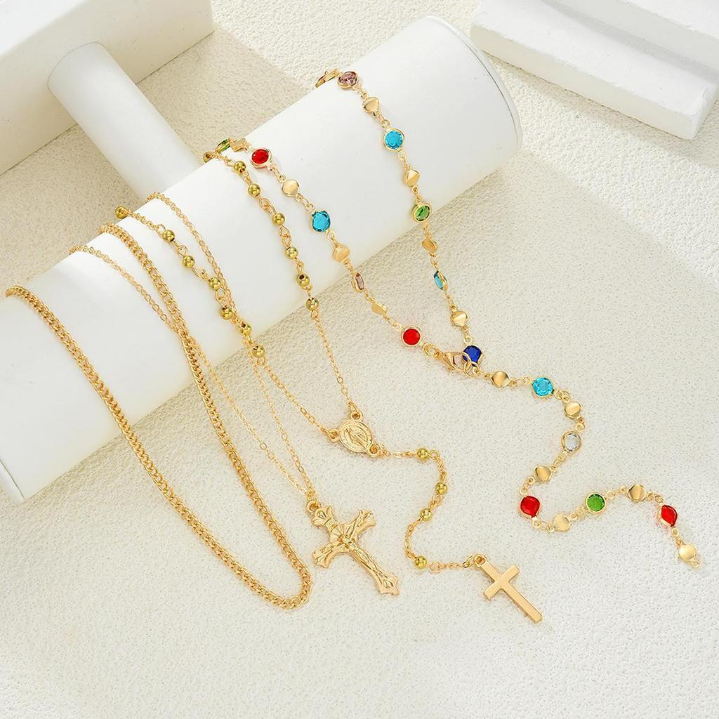 Women's Rhinestone Cross Pendant Tassel Layered Necklace