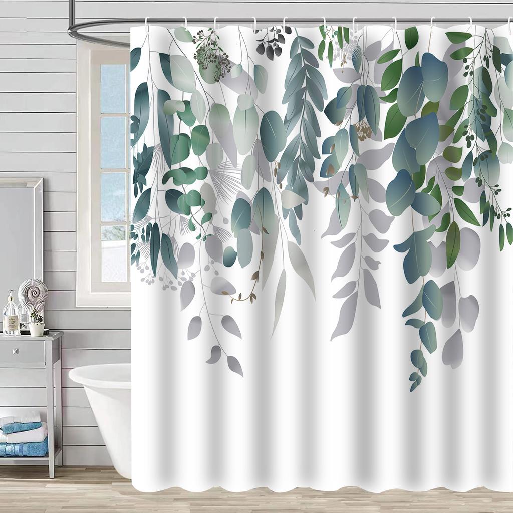 Green Plant Waterproof and Mildew-proof Polyester Bathroom Shower Curtain Shower Curtain Partition Curtain Free of Punching