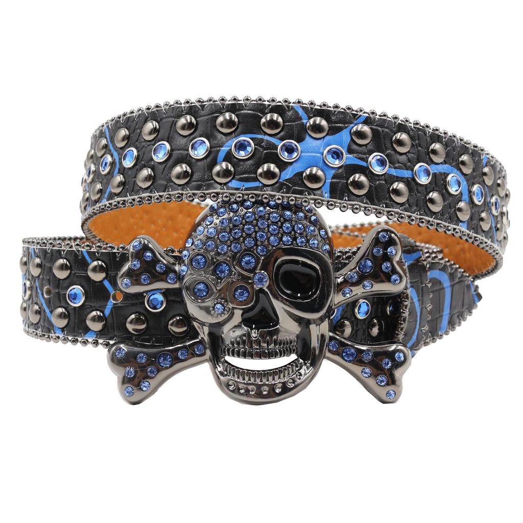 Unisex Rhinestone Skull Leather Belt - European Style Denim Waistband