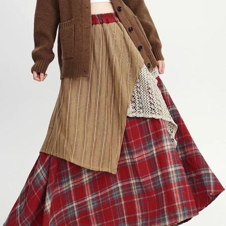Retro High Waist Plaid Swing Skirt with Irregular Letter Patchwork in Red