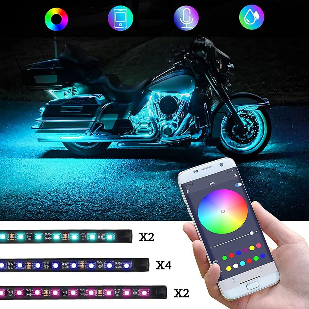 Kairiyard 8PCS Motorcycle Underglow LED Light Kit, App Control Multicolor Motorcycle LED Light Kit Music Sync RGB Strips Light Waterproof Compatible
