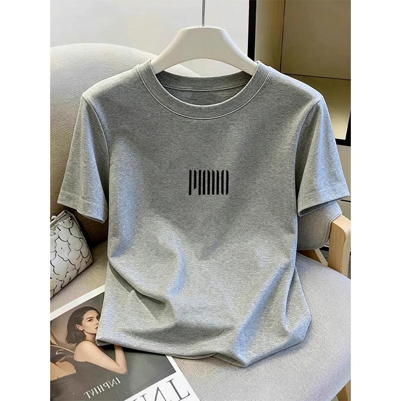 Grey shoulder cotton short-sleeved t-shirt women s summer new fashion versatile top basic thin t-shirt S