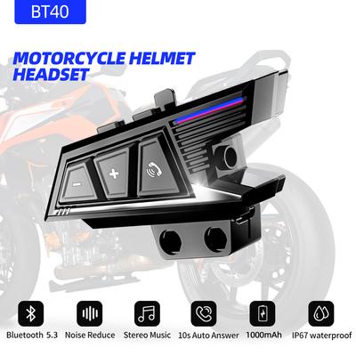 BT40 Motorcycle Wireless Helmet Headset Stereo Bluetooth Hands Free Call Earphones IPX6 Waterproof 1000mAh with Ambient Light