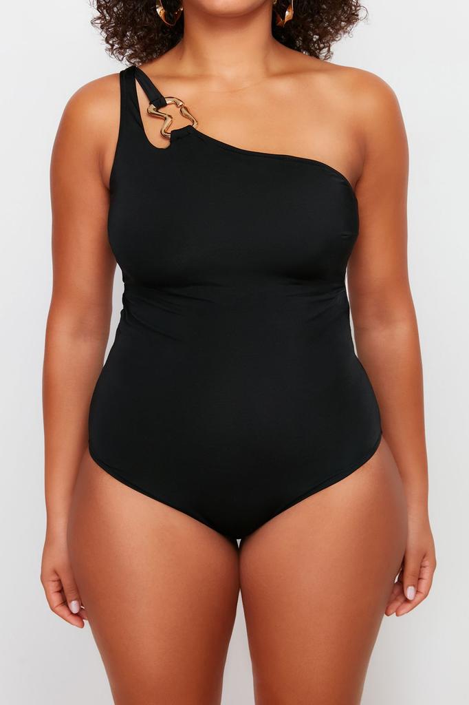Women's Style Plus Size Black One Shoulder Swimsuit