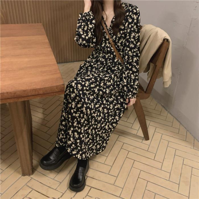 

Французское цветочное платье А-силуэта с V-образным вырезом - Женское платье в стиле Хепберн, осеннее, с длинным рукавом S чёрный/цветочный