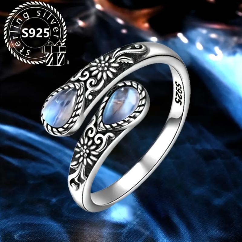 [Sterling Silver Ring] Vintage Bohemian 925 Sterling Silver Moonstone Spoon-Shaped Ring | Adjustable Butterfly Closure, Daily Wear & Gift for Her, Inc