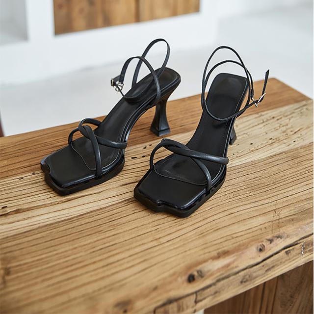 Summer Narrow Band Heel Sandals Women Thick Heel Ankle Strap Fashion Square Toe Ladies Dress Sandalias Women 'S Shoes